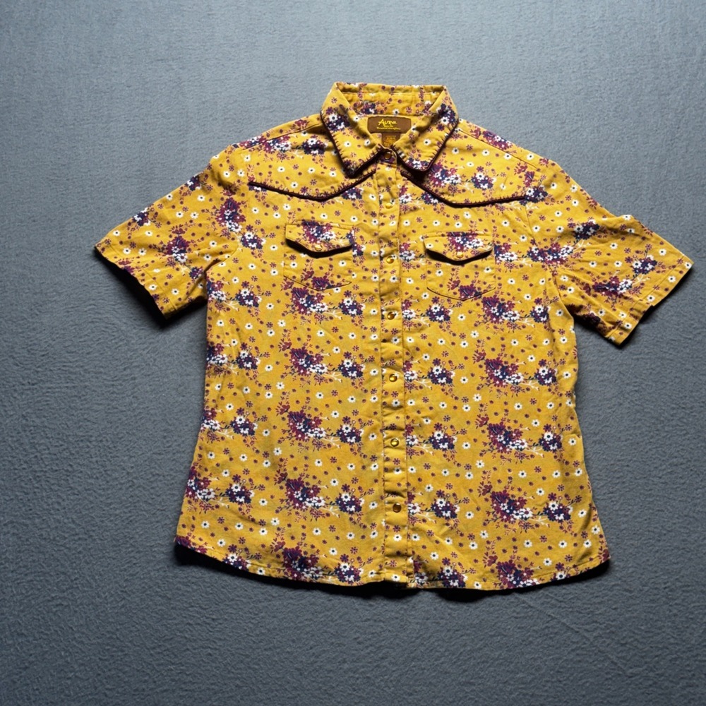 Aura Wrangler Western Shirt Womens Medium Yellow Floral Pearl Snap Short Sleeve